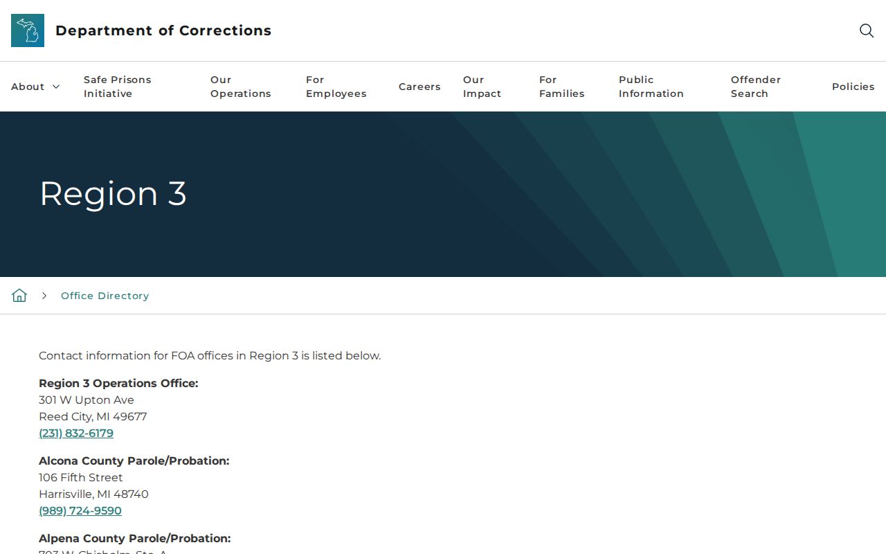 Roscommon County parole and probation office in the MDOC Region 3 directory
