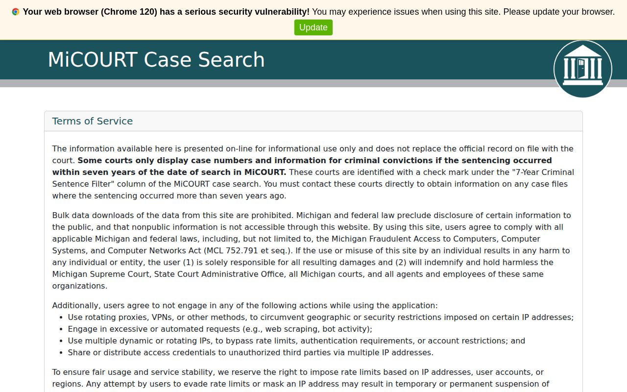 MiCOURT search for Roscommon County release and court records