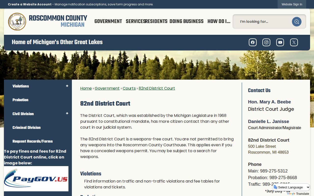 Roscommon 82nd District Court release record contact page